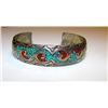 Image 1 : Native American Navajo Old Pawn Sterling Silver 925 Turquoise Coral Chip Inlay Hand Etched Waves Des