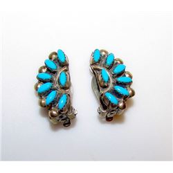 Vintage Old Pawn Native American Zuni Sterling Silver Turquoise Rosette Cluster Clip On Earrings