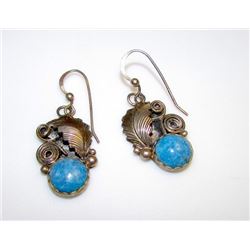 Native American Navajo Len Adakai Vintage Sterling Silver Blue Lapis Pierced Dangle Earrings Squash 
