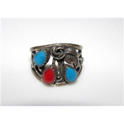 Navajo Old Pawn Native American Sterling Silver Turquoise Coral Ring Size 6 Squash Blossom Design