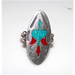 Native American Navajo Old Pawn Sterling Silver 925 Turquoise Coral Chip Inlay Peyote Bird Design Ri