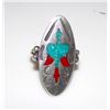 Image 1 : Native American Navajo Old Pawn Sterling Silver 925 Turquoise Coral Chip Inlay Peyote Bird Design Ri