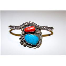 Vintage Native American Navajo Sterling Silver Coral Turquoise Cuff Bracelet by Highly Collectible A