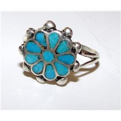 Vintage Old Pawn Native American Zuni Sterling Silver Sleeping Beauty Mine Turquoise Rosette Cluster