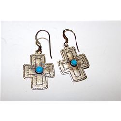 Native American Navajo Old Pawn Sterling Silver 925 Turquoise Cross Pieced Dangle Earrings