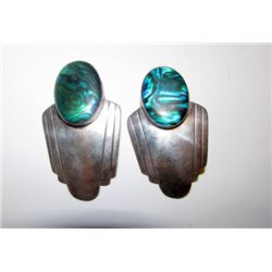 Vintage Sterling Silver Blue Paua Shell MOD Native American Navajo Large Statement Pierced Earrings