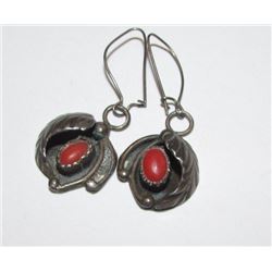 Old Pawn Native American Navajo Sterling Silver Coral Pierced Earrings Squash Blossom Desing