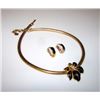 Image 1 : DIOR Designer Floral Necklace and Clip On Earrings Set in Gold Plated Finish with Black Enamel and S