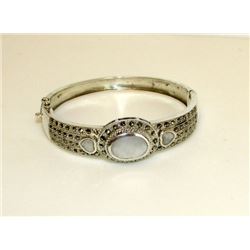 Sterling Silver 925 Marcasites Mother Of Pearl Bangle Bracelet