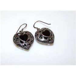 Sterling Silver 925 Onyx Inlay Filigree Heart Shaped Pierced Earrings