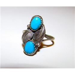 Vintage Old Pawn Native American Navajo Sterling Silver Turquoise  Ring Size 7 Squash Blossom Design