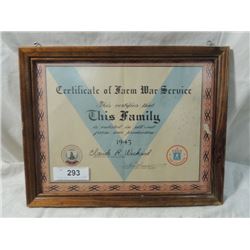 FRAMED FARM WAR SERVICE AWARD 1943 WWII WORLD WAR