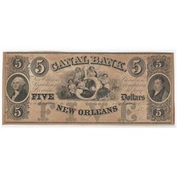 1800s $5 Canal Bank of New Orleans Obsolete Bank Note