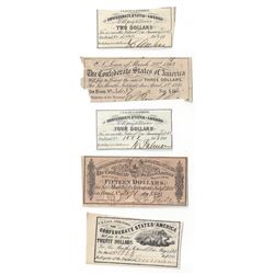Lot of (5) Assorted Confederate CSA Bonds