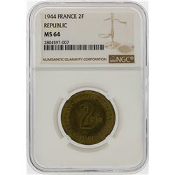 1944 2 Franc WWII Allied Occupied France Coin NGC MS64