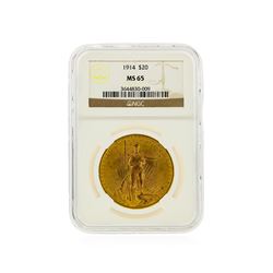 1914 $20 St. Gaudens Double Eagle Gold Coin NGC MS65