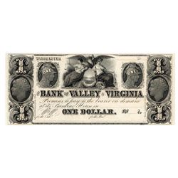 1800s $1 Bank of the Valley in Virginia Obsolete Note