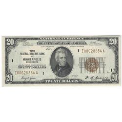 1929 $20 National Currency Note Bank of Minneapolis, MN AU