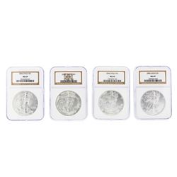 Set of (4) 2002-2005 $1 Silver Eagle Coins NGC Graded MS69