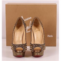 Authentic Christian Louboutin Gold Spike High Heels Lady Peep Strass
