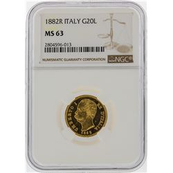 1882R BN Italy 20 Lire Gold Coin NGC Graded MS63