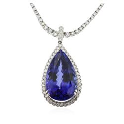 14-18KT White Gold 36.63ct Tanzanite and Diamond Pendant W/ Chain