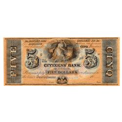 1800's $5 New Orleans Louisiana Citizens Bank Note