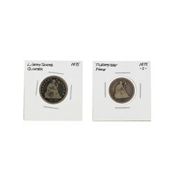 Silver Seated Liberty 1875-S Twenty Cent Piece and 1875 Quarter Coin Set