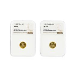 1990-1991 $5 American Gold Eagle Coin Set NGC Graded MS69