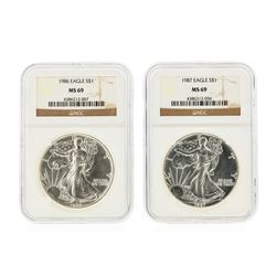 Set of (2) 1986-1987 $1 Silver Eagle Coins NGC Graded MS69