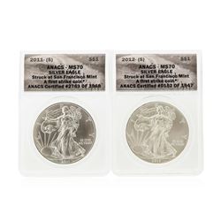 2011-S & 2012-S $1 American Silver Eagle Coins ANACS MS70