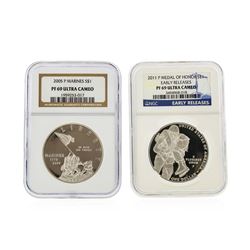 2005-P Marines & 2011-P Medal of Honor $1 Silver Coins NGC PF69 Ultra Cameo