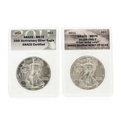 Set of (2) 2011 $1 American Silver Eagle Coins ANACS MS70