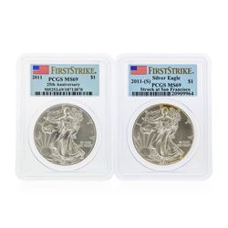 Set of (2) 2011 $1 American Silver Eagle Coins PCGS MS69