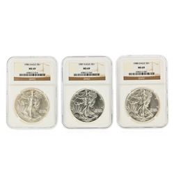 Set of (3) 1986-1988 $1 Silver Eagle Coins NGC Graded MS69