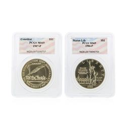 1986-P Statue of Liberty & 1987-P Constitution $1 Silver Coins PCGS MS69