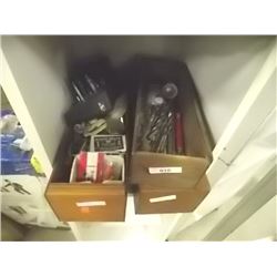 WOOD BOX OF HARDWARE AND DRILL BITS