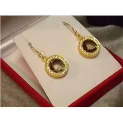 EARRINGS - ROUND CHECKERBOARD FACETTED SMOKEY QUARTZ SET IN STERLING SILVER WITH GOLD OVERLAY - ACCE