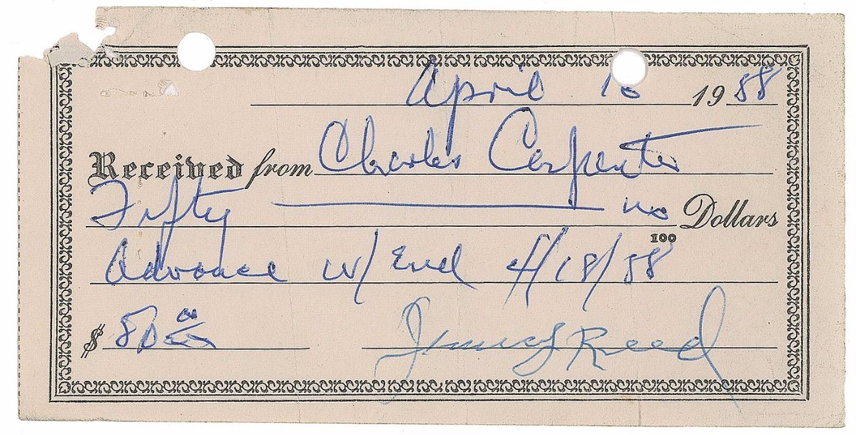 Jim Reed Signature Jimmy Reed Signed Receipt