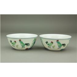 Pair of Chinese Ducai Porcelain Chicken Cups