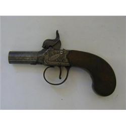 A PERCUSSION MUFF PISTOL, c.1850, the side plates engraved with Stand of Arms and 'Stocker, Yeovi...