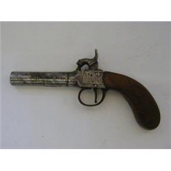 A PERCUSSION MUFF PISTOL, c.1860, the side plates florally engraved, turn off barrel, bag shaped...