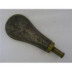 A PLAIN STEEL BODIED POWDER FLASK with brass nozzle, together with a priming flask of similar for...