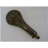 Image 1 : A FOLIAGE IMPRESSED BRASS PRIMING FLASK, with spring nozzle, together with a plain copper bodied...
