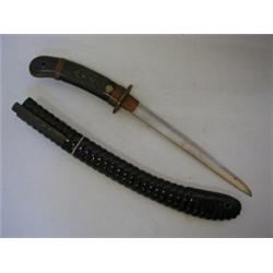 A JAPANESE TANTO, single edged plain blade, copper tsuba and hilt mounts, curved wooden hilt with...