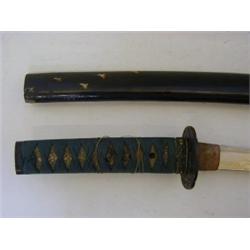 A JAPANESE TANTO, single edged plain blade, steel tsuba decorated in relief with tree and bushes,...