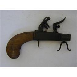 A FLINTLOCK TINDERBOX, c.1800, slab sided steel box frame with candle holder and u shaped stand t...