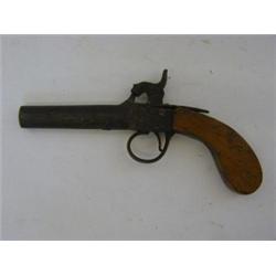 A PERCUSSION MUFF PISTOL, c.1860, the side plates with floral engraving, turn off barrel, bag sha...