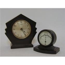 A FERRANTI BROWN BAKELITE ELECTRIC TIMEPIECE, of stepped Art Deco design and a Rototherm Thermome...