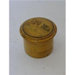 A CYLINDRICAL TREEN CONTAINER,  early 20th century, the pull-off lid with transfer image of kitte...